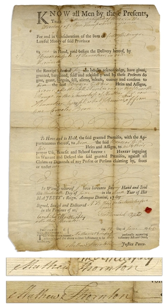 Declaration of Independence Signer Matthew Thornton Twice-Signed Document From 1769 as Justice of the Peace